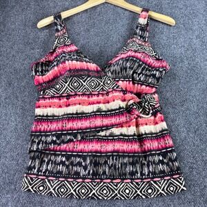 Christina Tankini Swim Top Womens 10 Pink Black Tribal Geometric Faux Wrap Ring